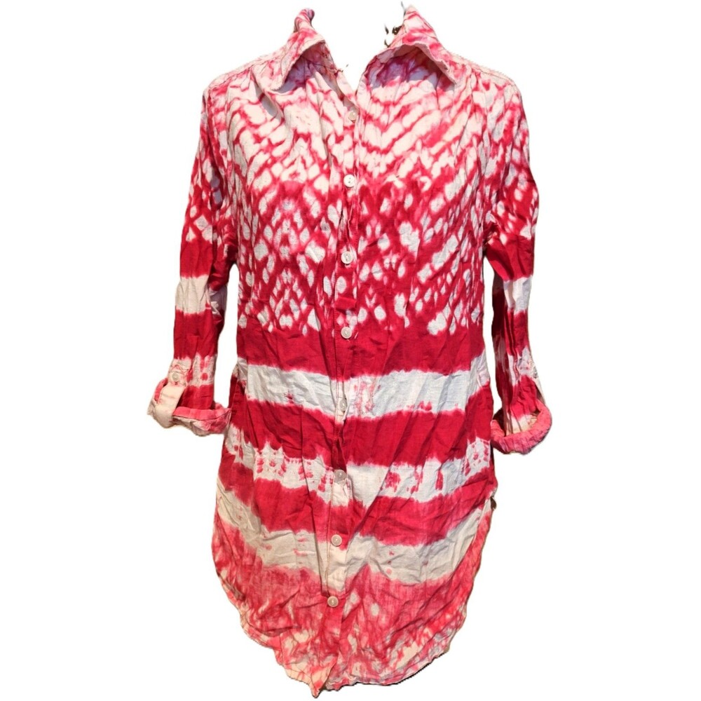 Artsy 100% Cotton Tie-Dye Pink Long Button Down Shirt Jacket w/ Pockets Sz M